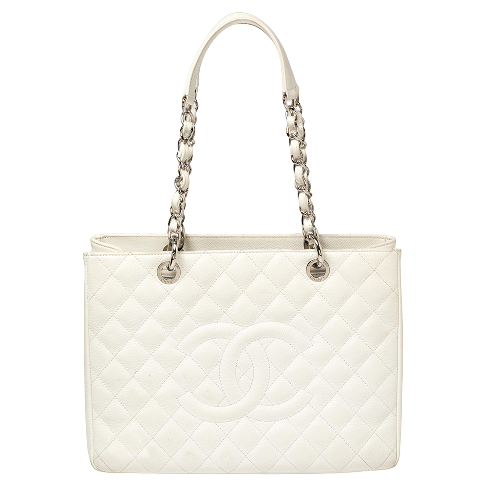 Chanel White Quilted Caviar Leather Grand Shopper Tote