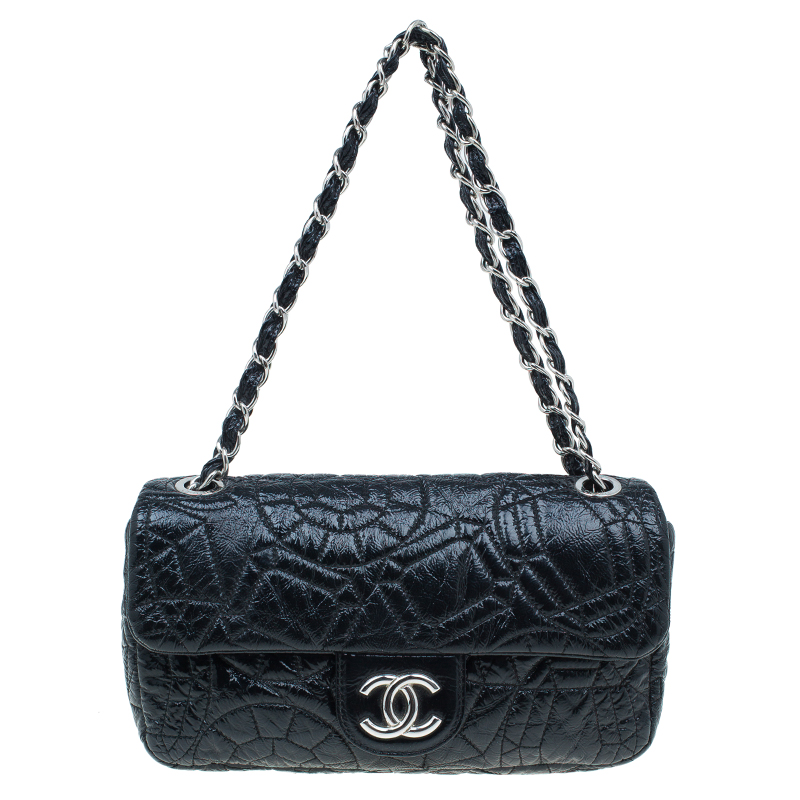 Pre Owned Chanel Black Patent Leather Embossed Medium Flap Bag