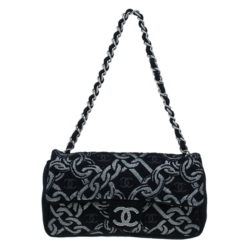 Pre Owned Chanel Black/Silver Tweed Cruise Collection Chain Flap Bag