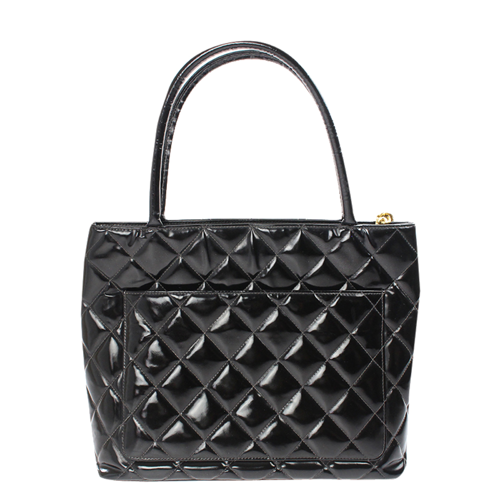 

Chanel Black Quilted Patent Leather Medallion Tote Bag