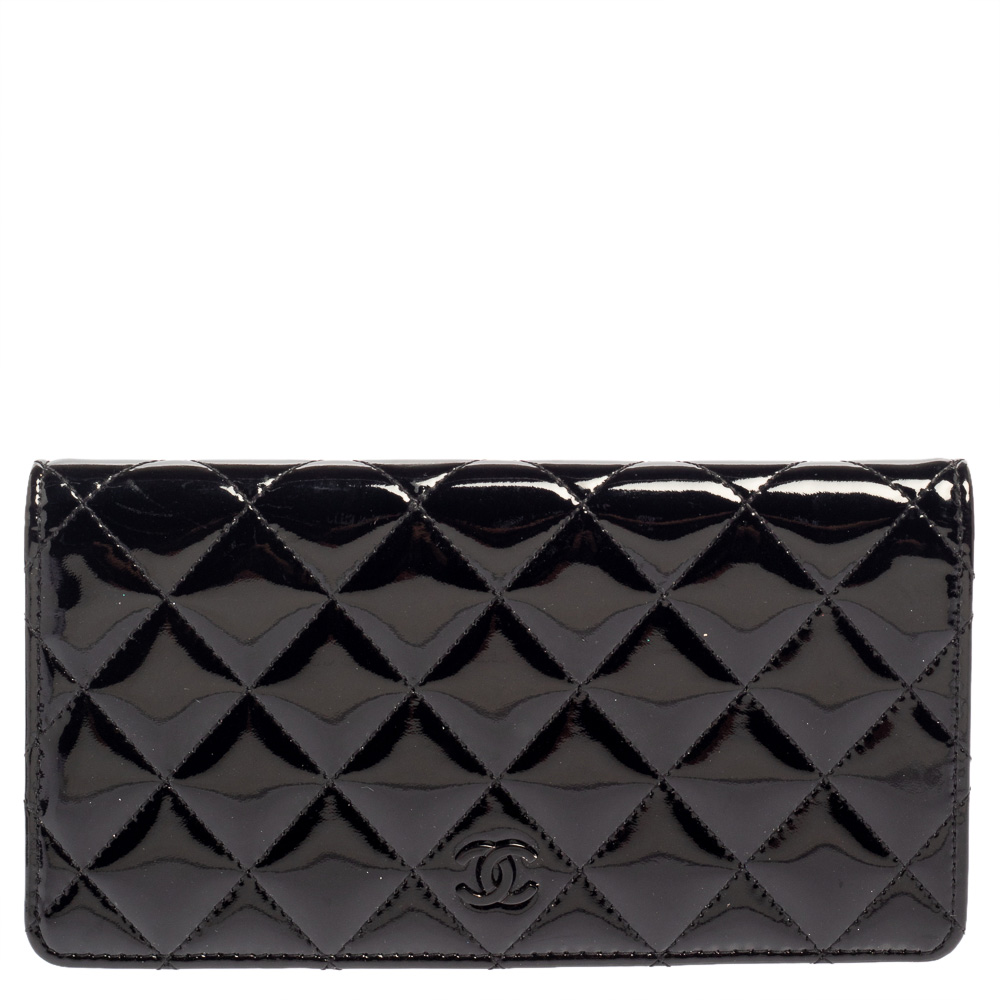 Chanel Black Quilted Patent Leather Flap Long Wallet