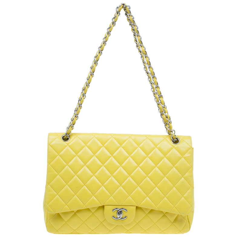 Pre Owned Chanel Yellow Quilted Lambskin Leather Classic Maxi Single Flap Bag