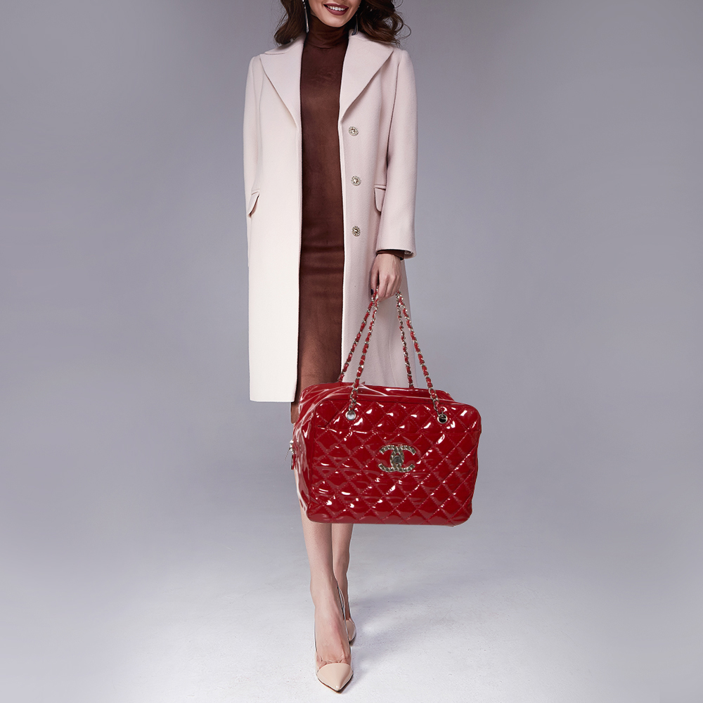 

Chanel Red Quilted Patent Leather CC Bowler Bag