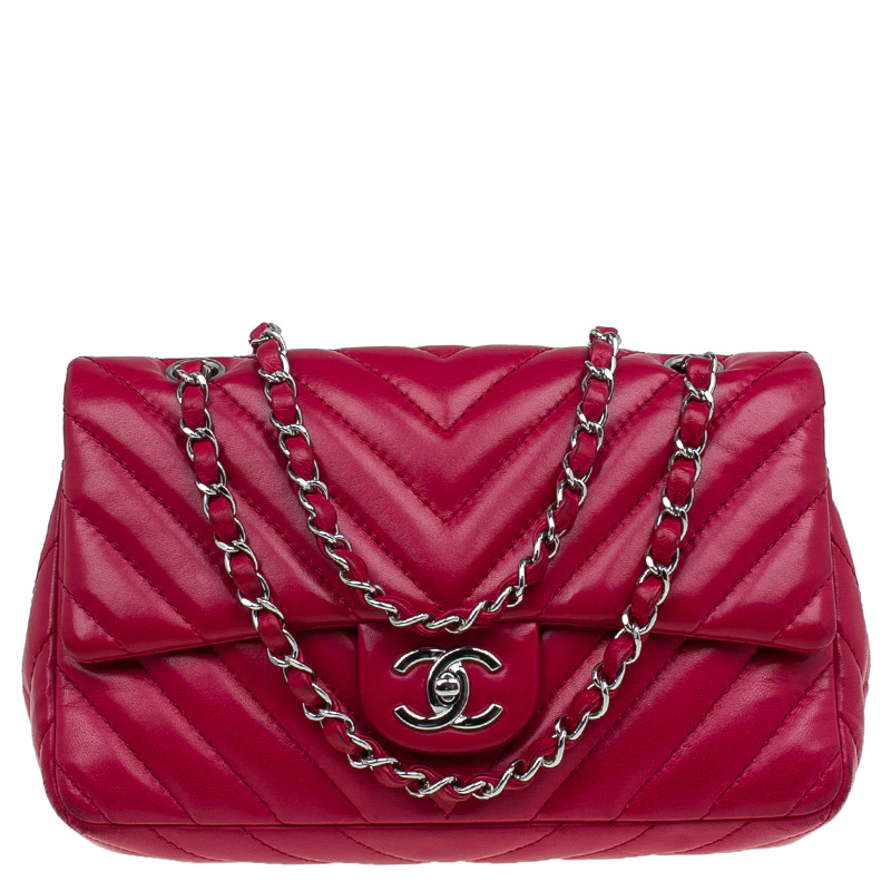 Chanel Red Chevron Quilted Lambskin Medium Classic Single Flap Bag