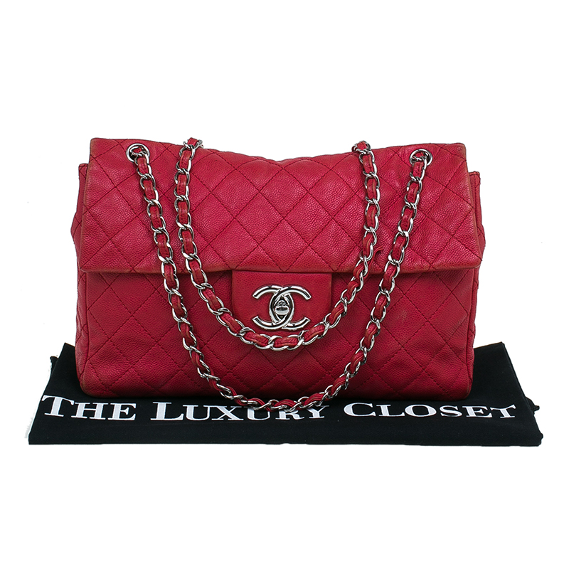 Chanel Red Washed Caviar Leather Maxi Jumbo XL Classic Flap Bag
