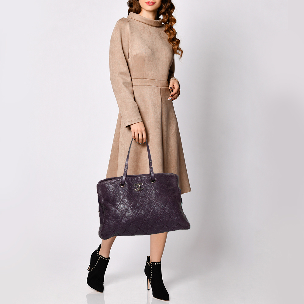 

Chanel Purple Quilted Glazed Leather Large On the Road Tote Bag