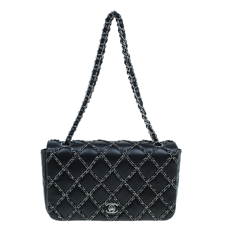 Pre Owned Chanel Black Quilted Chain Embellished Leather Full Flap Bag