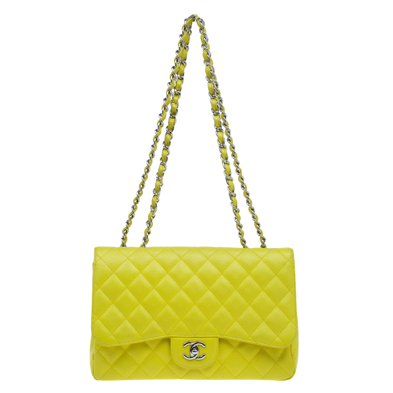 مملوكة مسبقًا Chanel Yellow Quilted Caviar Leather Jumbo Classic Single Flap Bag