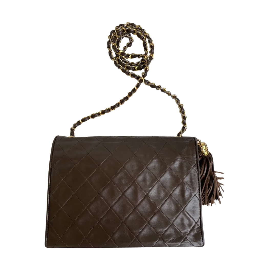 

Chanel Brown Leather Vintage CC Tassel Flap Bag