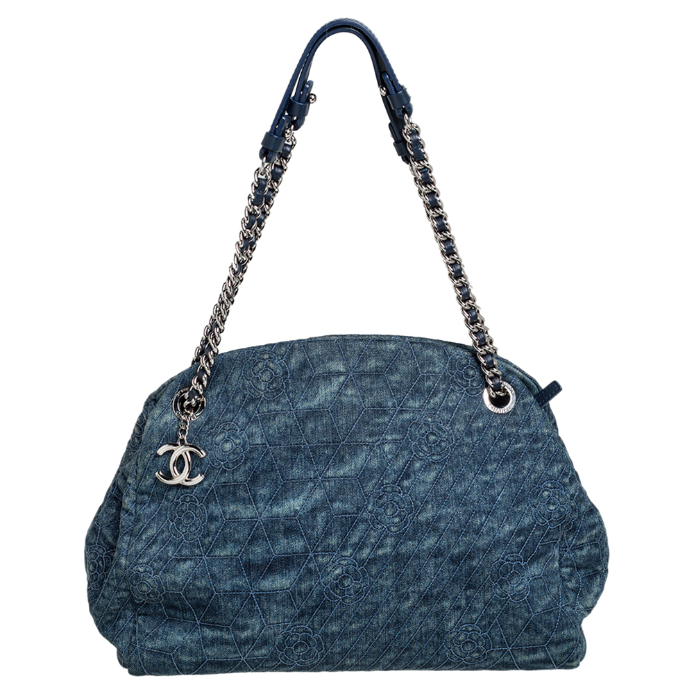 Pre Owned Chanel Blue Camellia Embroidered Denim and Leather Large Just Mademoiselle Bowler Bag