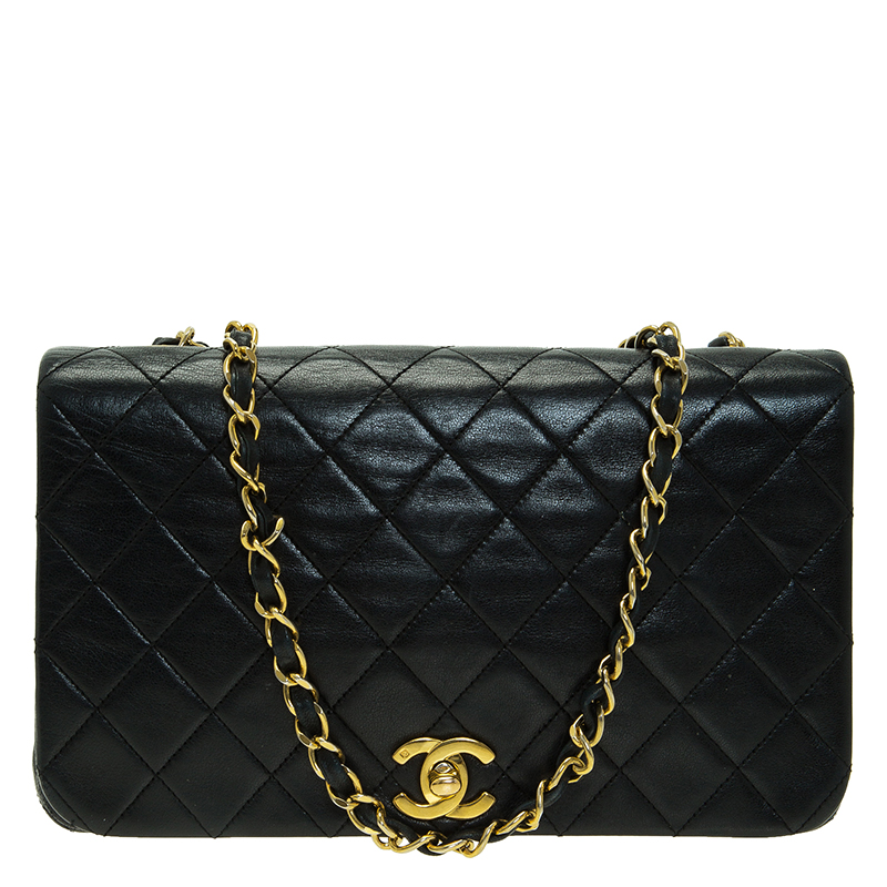 Pre Owned Chanel Black Quilted Lambskin Leather Vintage Full Flap Bag