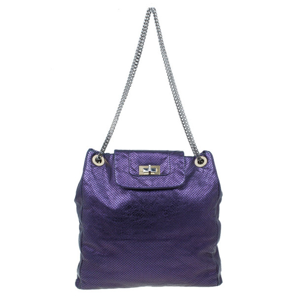 Pre Owned Chanel Purple Drilled Perforated Leather Shoulder Bag