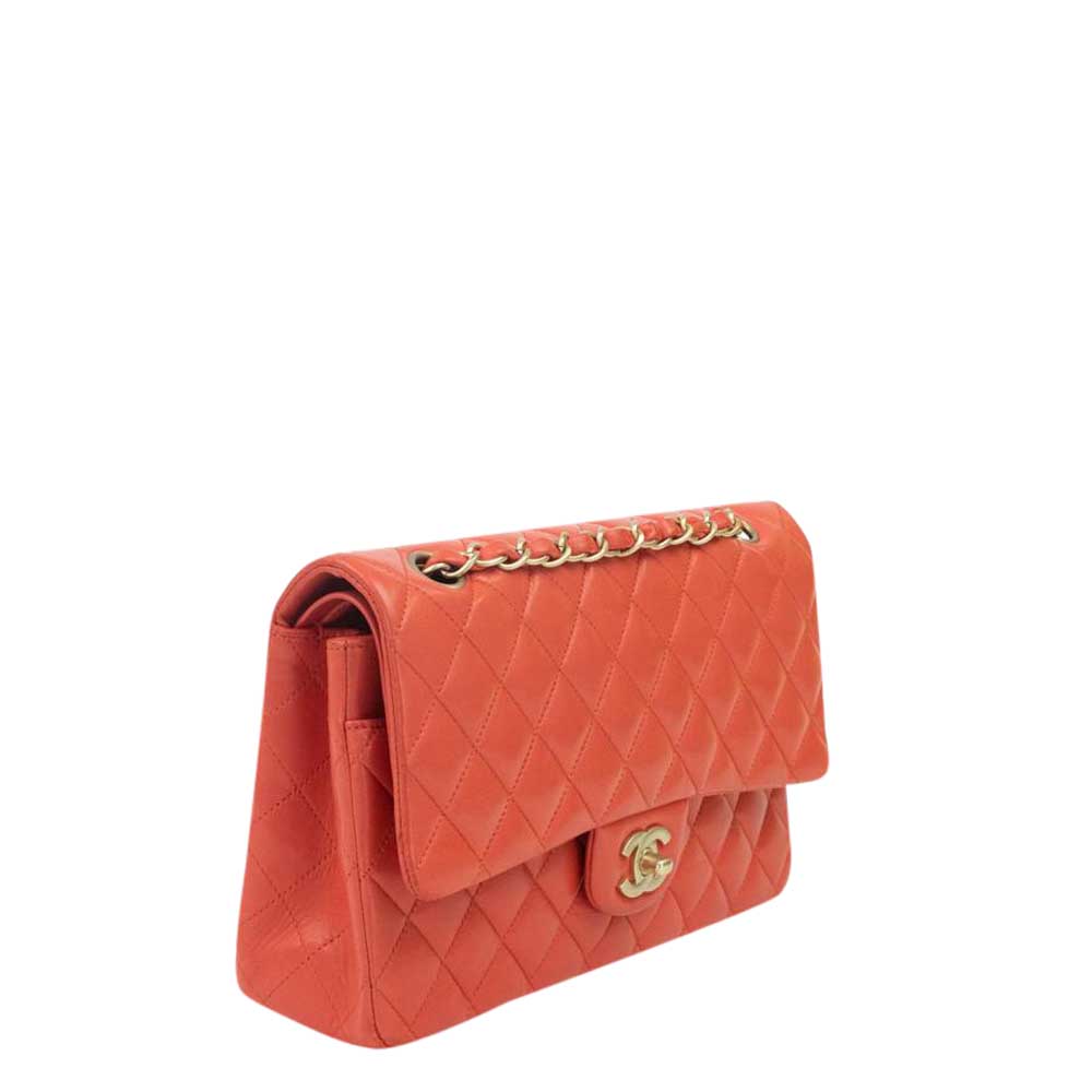 

Chanel Orange Lambskin Leather Double Flap Bag