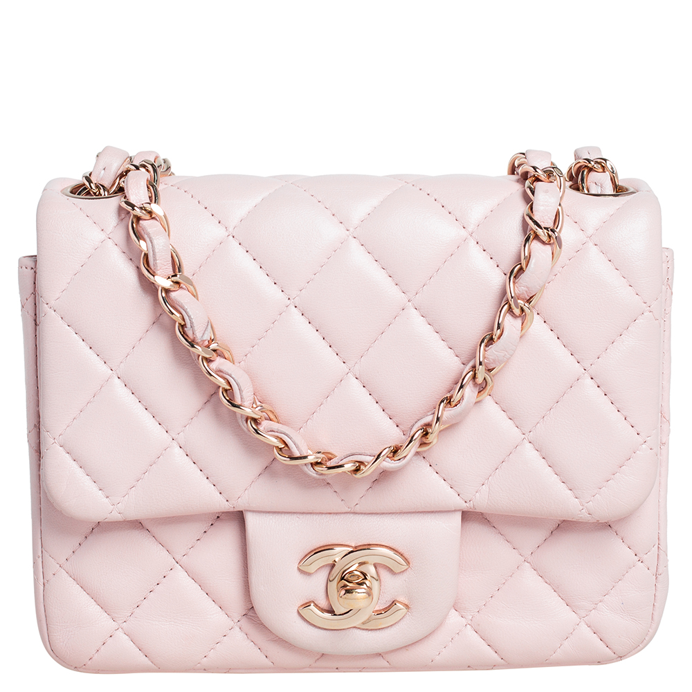 Pre Owned Chanel Pink Quilted Lambskin Leather Mini Square Classic Flap Bag