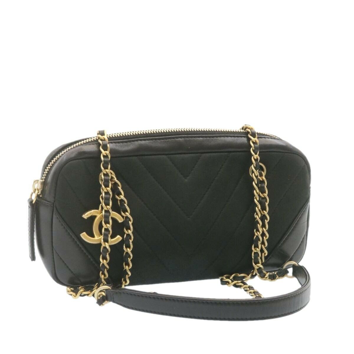 

Chanel Black Leather Vintage Chevron CC Camera Bag