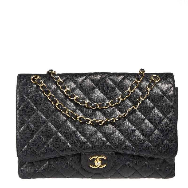 Pre Owned حقيبة شانيل ماكسي كلاسيك جلد كافيار مبطن أسود ذات قلاب 