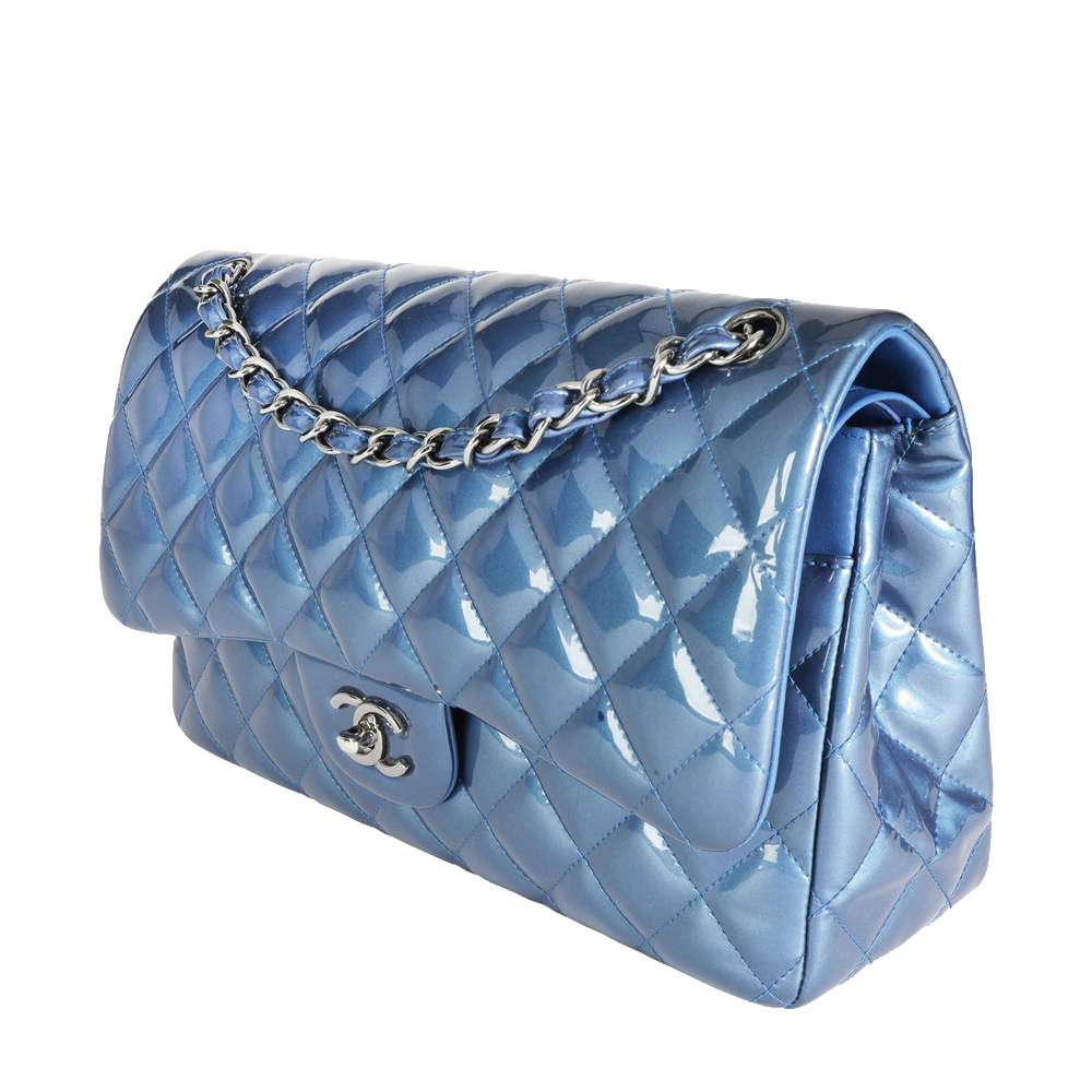 

Chanel Blue Patent Leather Quilted Jumbo Classic Double Flap Bag