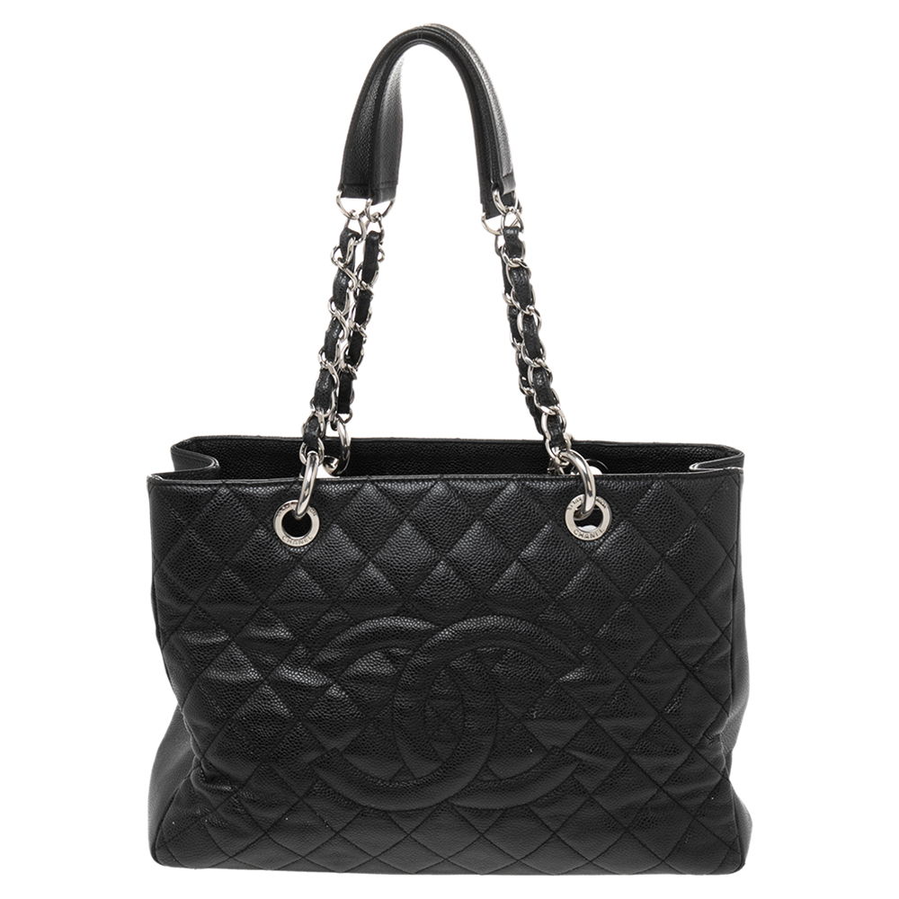 Pre Owned Chanel Black Quilted Caviar Leather Grand Shopping Tote