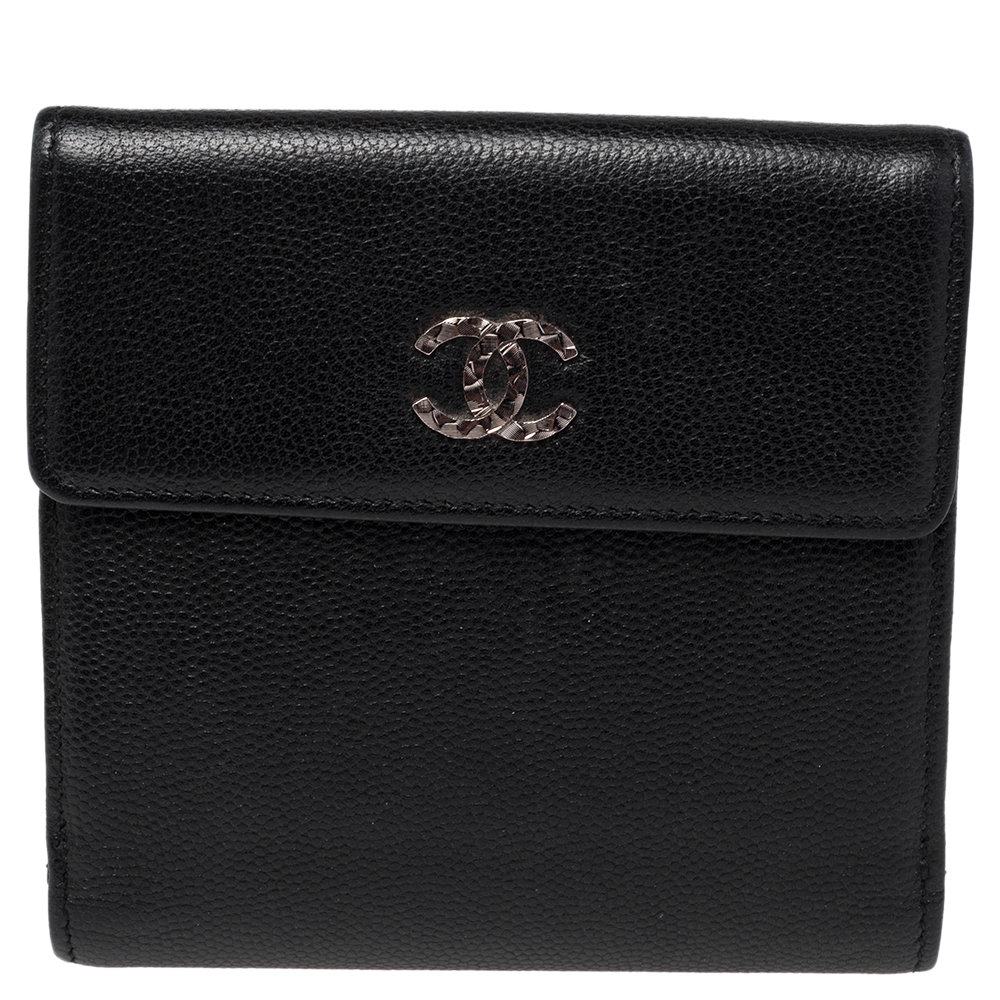 Pre Owned محفظة فرنش شانيل جلد أسود بقلاب CC 