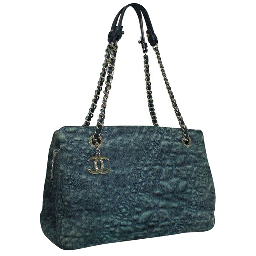 

Chanel Blue Denim Leather Camellia Tote Bag