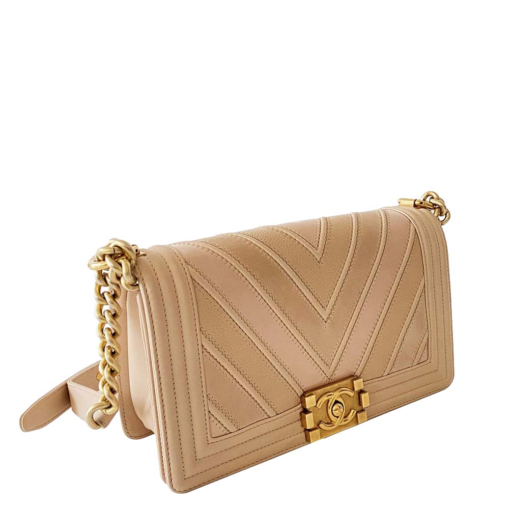 

Chanel Beige Leather Chevron Boy Medium Flap Bag