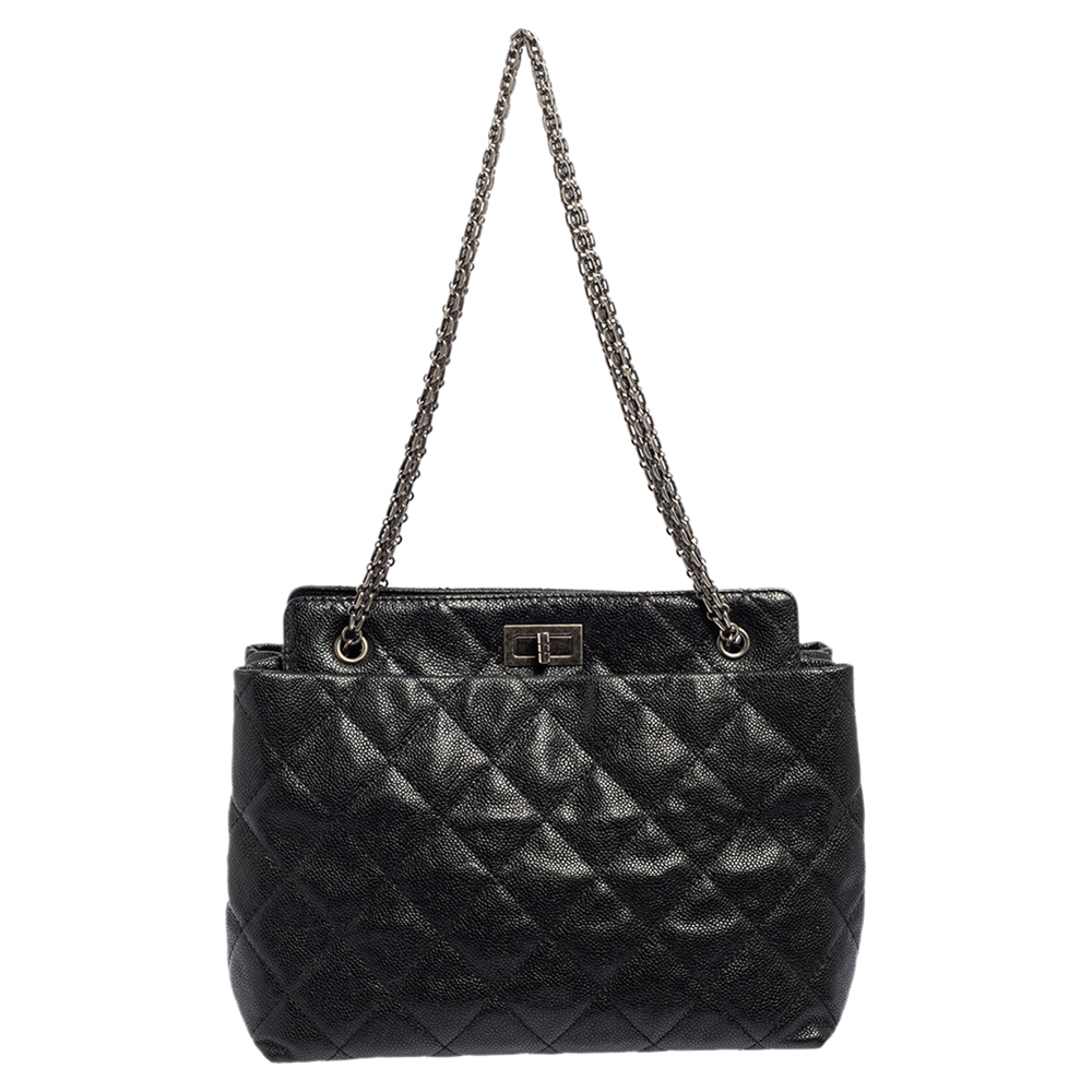 Pre Owned Chanel Black Quilted Caviar Leather Reissue 2.55 Tote