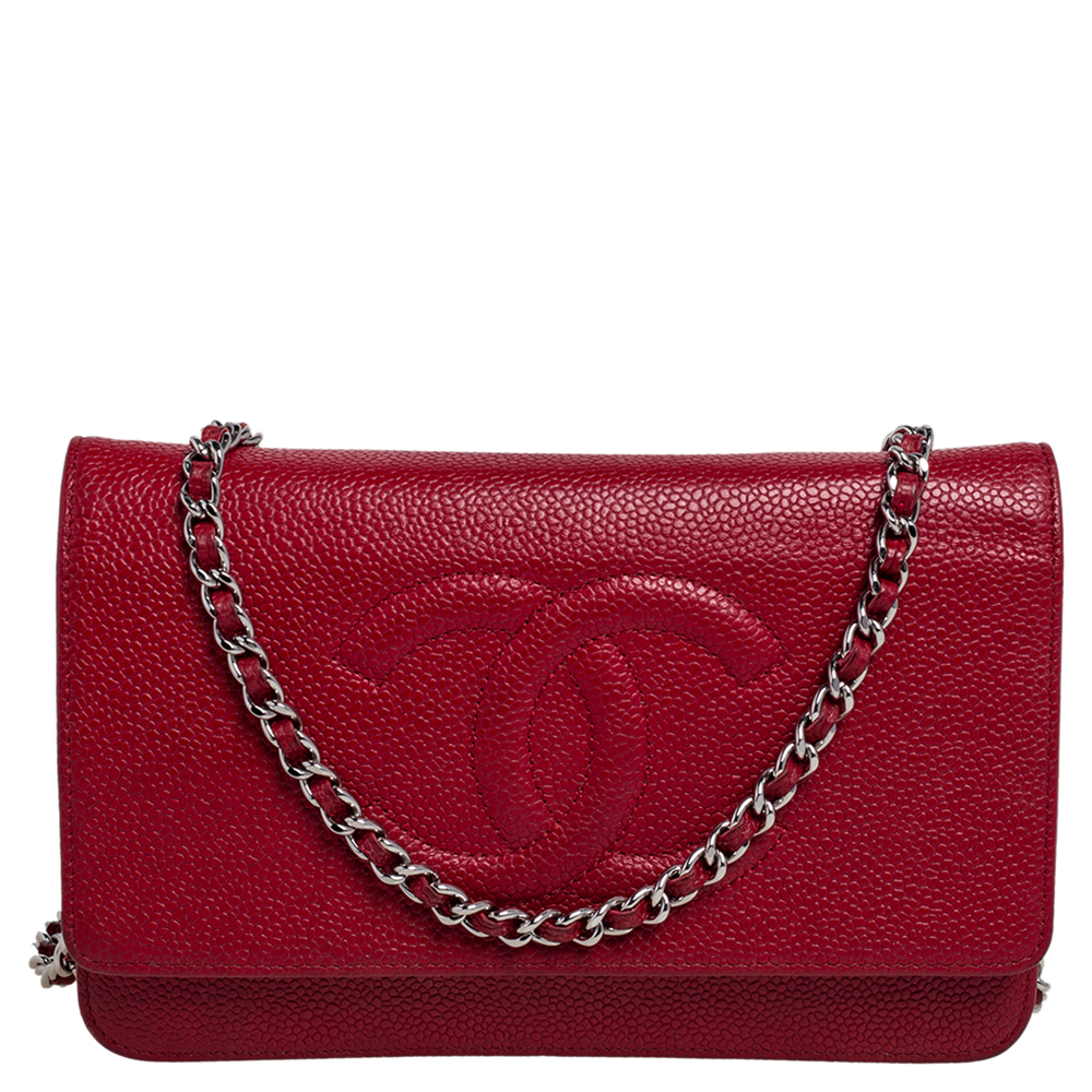 Chanel Red Caviar Leather CC Timeless Wallet On Chain
