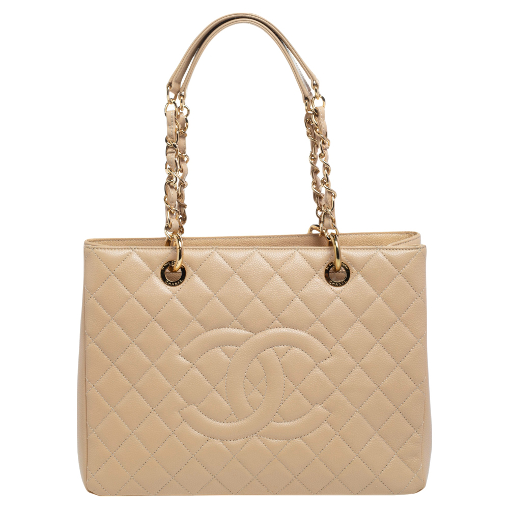 Pre Owned Chanel Beige Quilted Caviar Leather Grand Shopping Tote