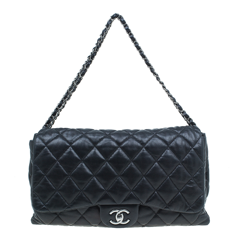 Chanel Black Quilted Lambskin Leather Maxi 3 Accordion Flap Bag