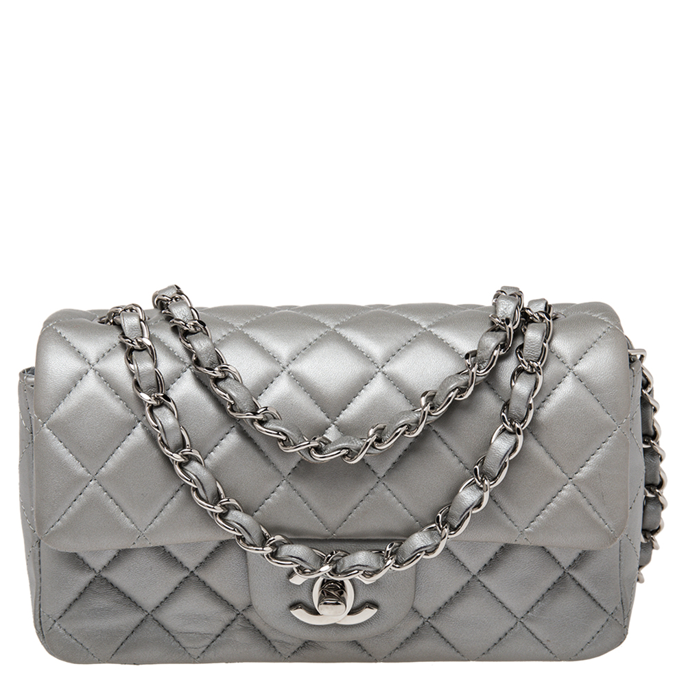 Pre Owned Chanel Pearl Grey Quilted Leather New Mini Classic Single Flap Bag