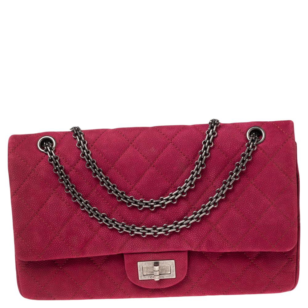 Pre Owned Chanel Pink Quilted Caviar Suede Reissue 2.55 Classic 227 Flap Bag