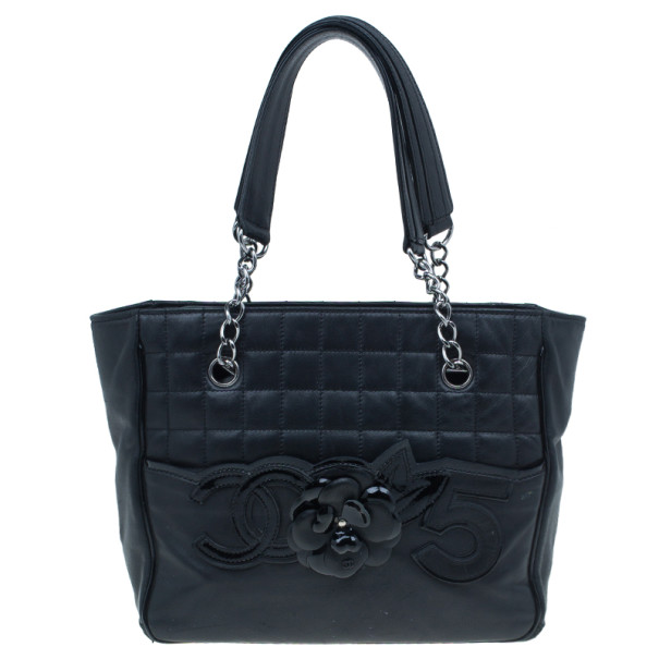 Pre Owned Chanel Black Leather CC Camellia No.5 Shopper Tote