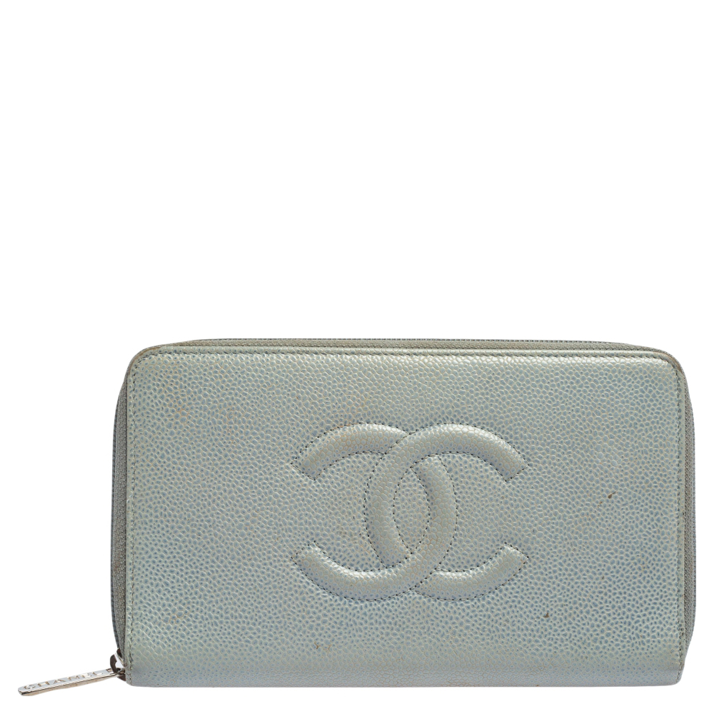 Pre Owned Chanel Blue Caviar Leather CC Timeless Zip Around Organizer Wallet