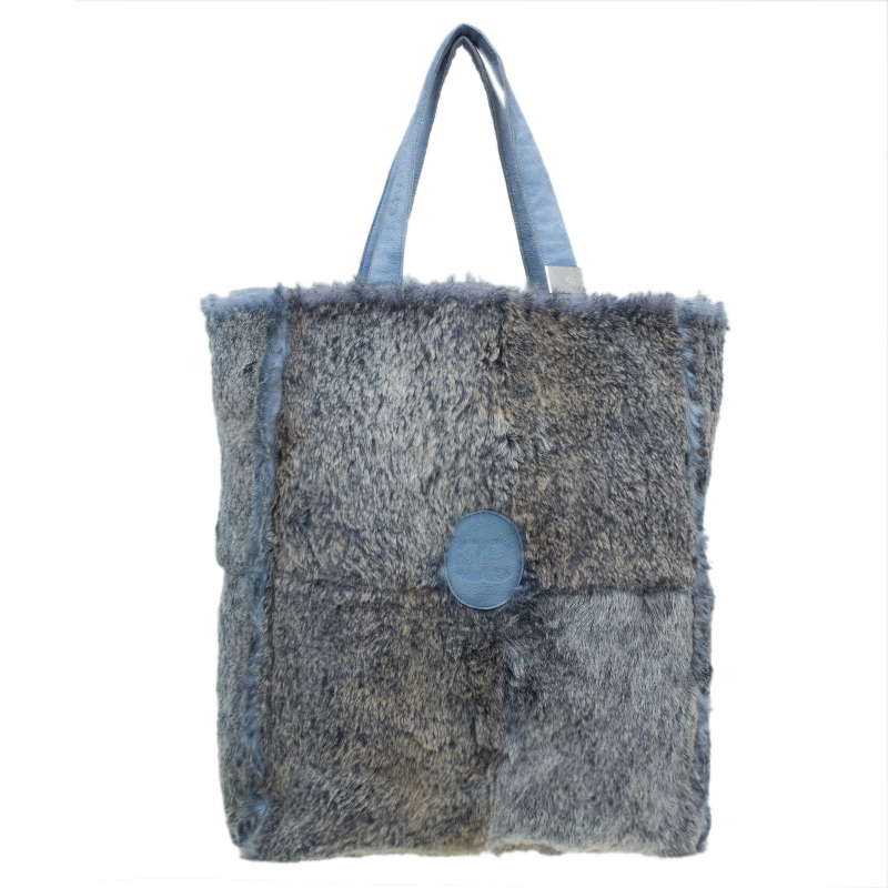 Pre Owned Chanel Grey/Blue Rabbit Fur Tote with Pouch
