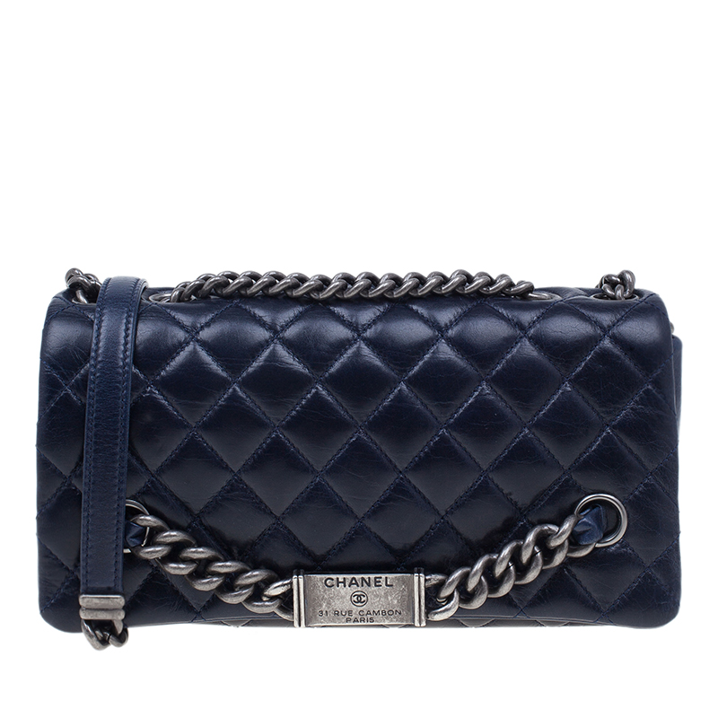 Pre Owned Chanel Navy Blue Crackled Leather with Chanel Name Plate Flap Bag