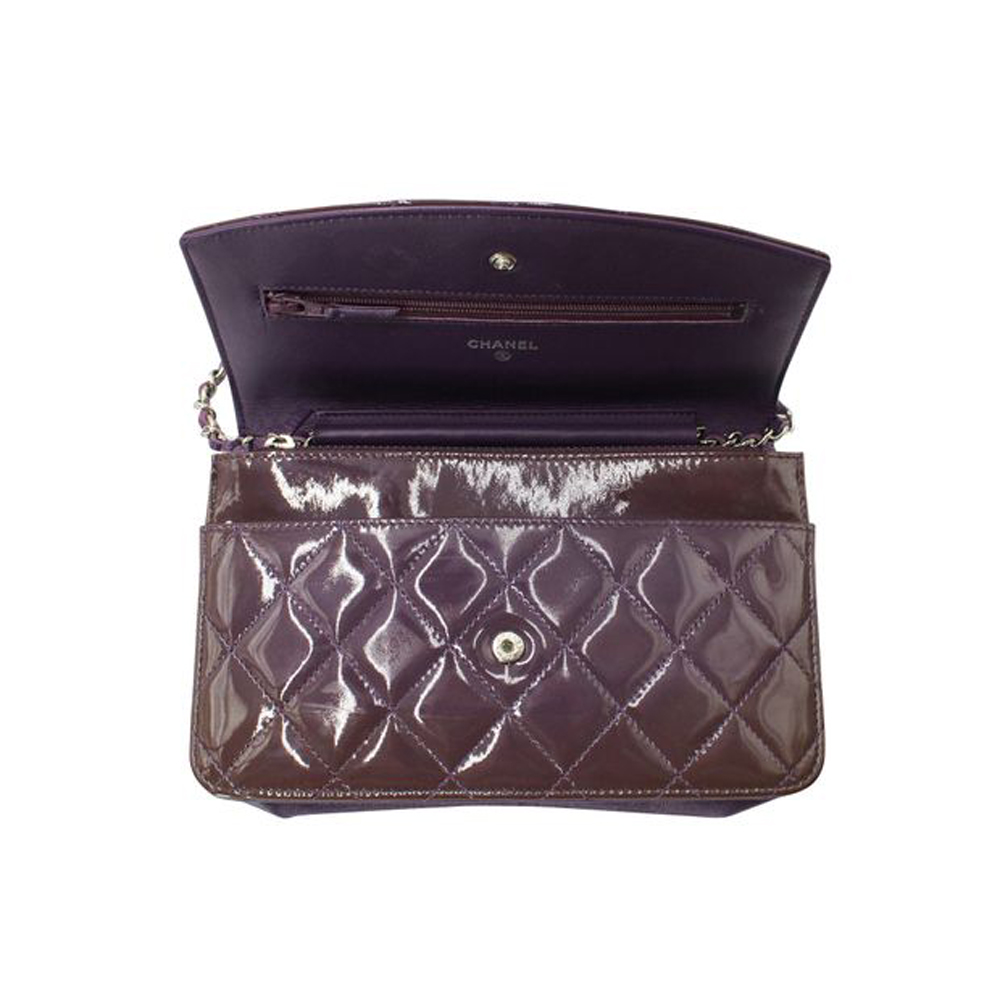 

Chanel Purple Quilted Patent Leather Wallet on Chain Bag