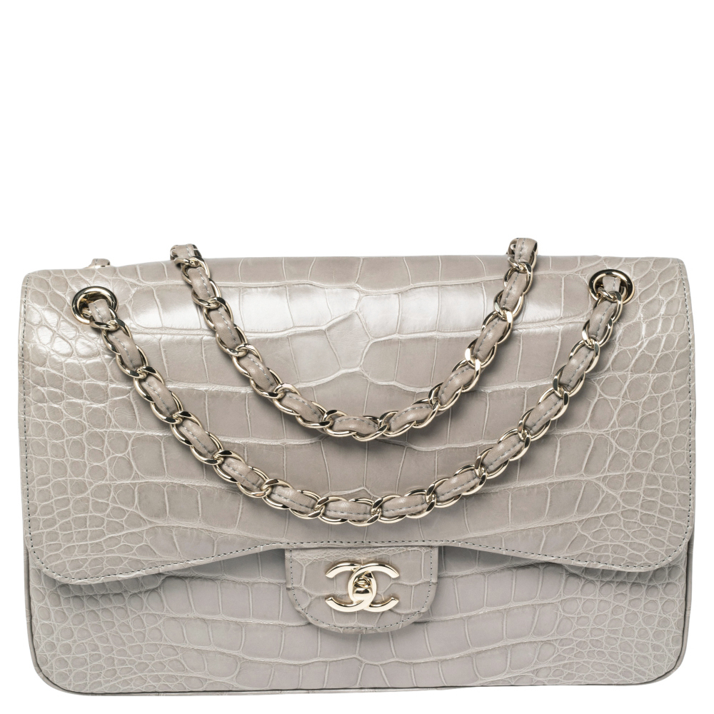 Pre Owned حقيبة شانيل جامبو كلاسيك جلد تمساح رصاصي بقلاب مزدوج
