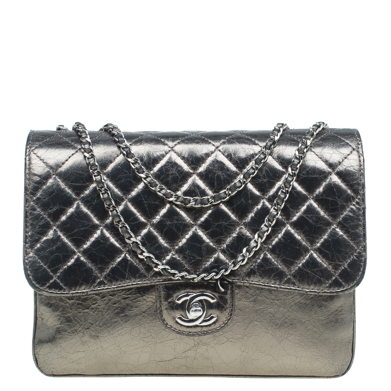 Pre Owned Chanel Metallic Gun Metal Crackled Leather Medium Clams Pocket Flap Bag