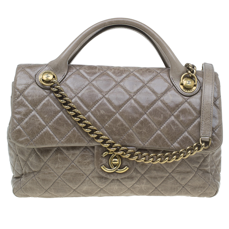 Pre Owned Chanel Beige Quilted Glazed Leather Medium Castle Rock Top Handle Bag