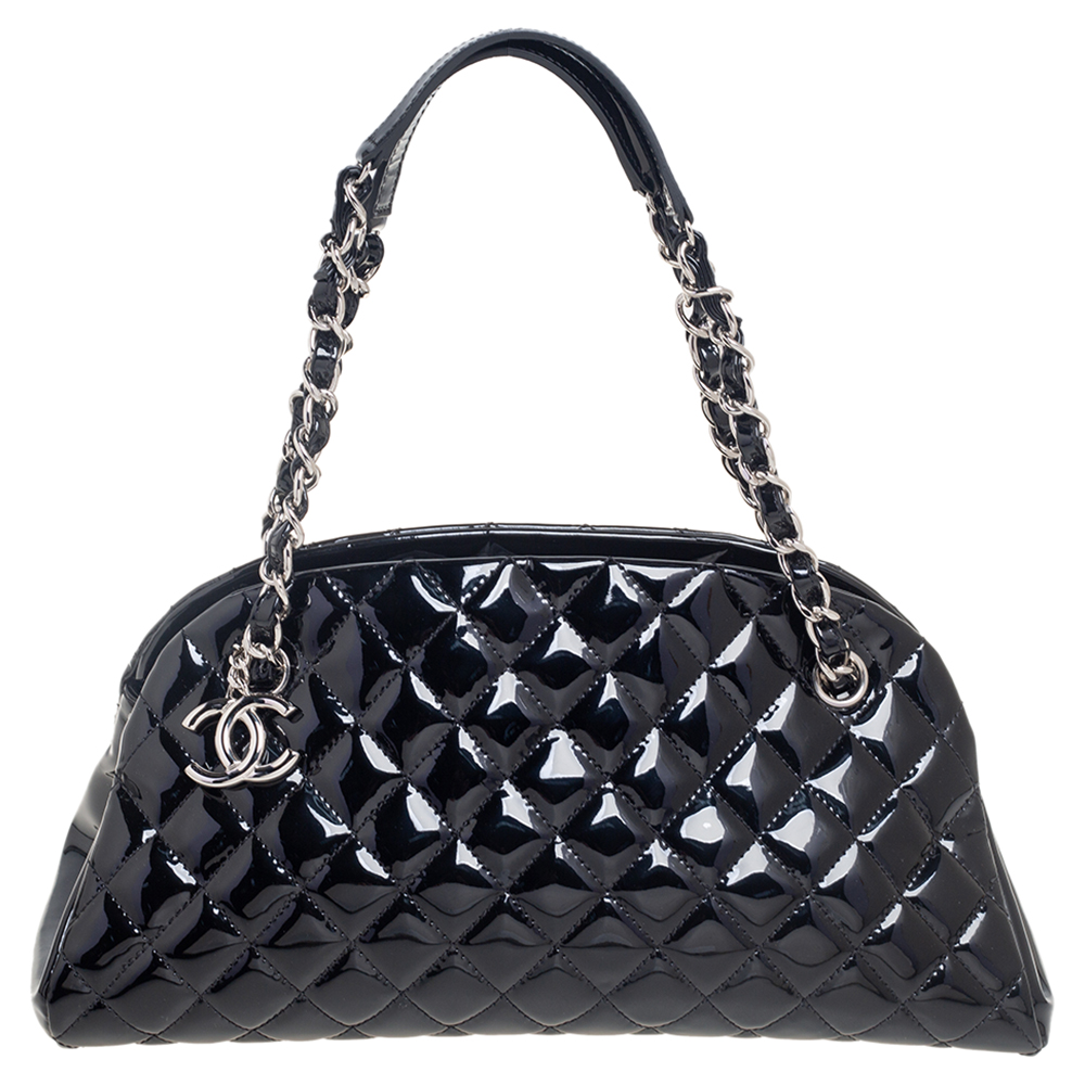 Pre Owned Chanel Black Quilted Patent Leather Medium Just Mademoiselle Bowling Bag