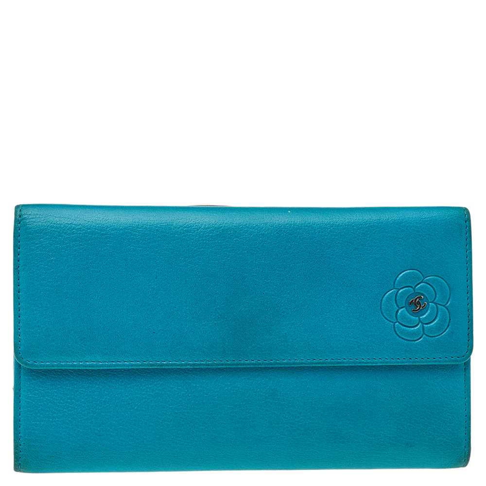 

Chanel Turquoise Leather CC Camellia Flap Continental Wallet, Blue