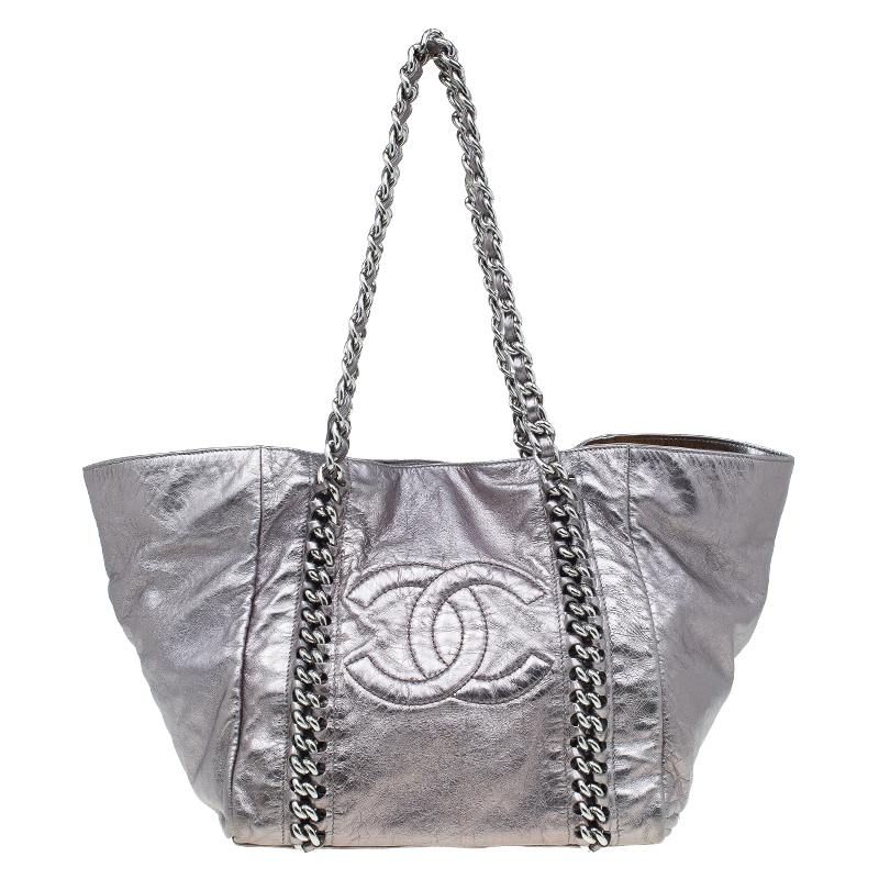 Chanel Silver Glazed Crackled Leather Small Modern Chain Tote