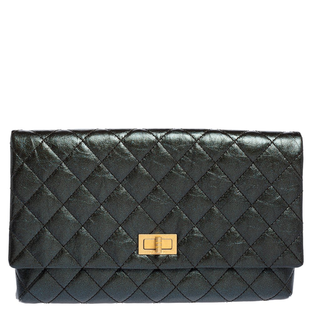 Pre Owned Chanel Metallic Grey Quilted Leather Reissue Clutch