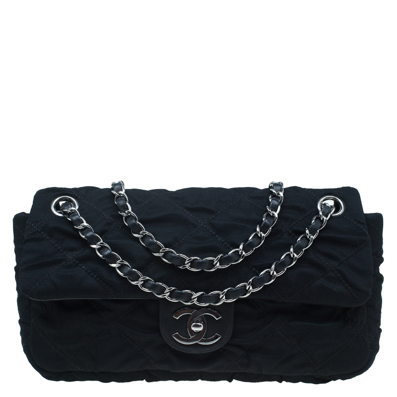 Pre Owned Chanel Black Quilted Mesh East West Flap Bag