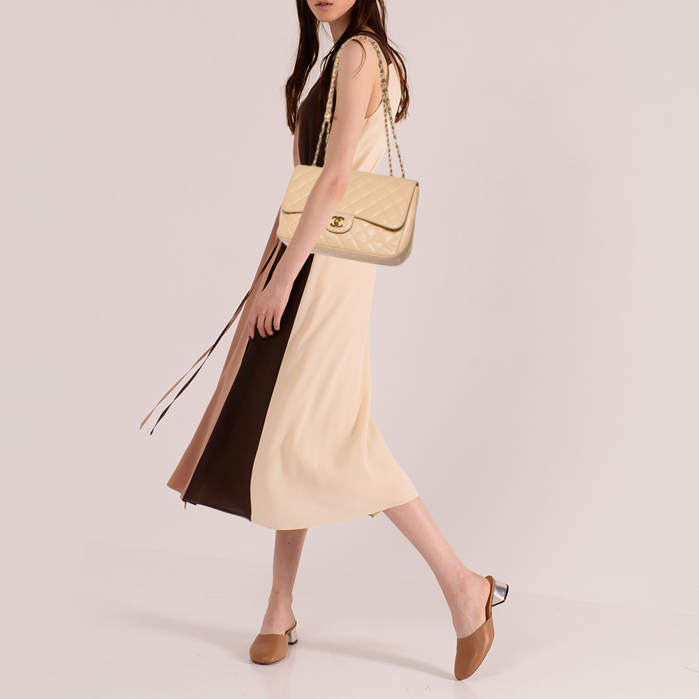 

Chanel Beige Quilted Caviar Leather Jumbo Classic Single Flap Bag