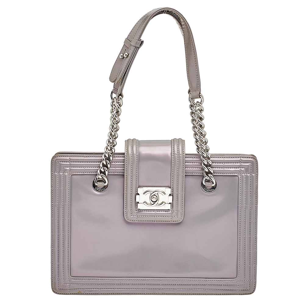 Pre Owned Chanel Iridescent Grey Patent Leather Boy Flap Shopper Tote