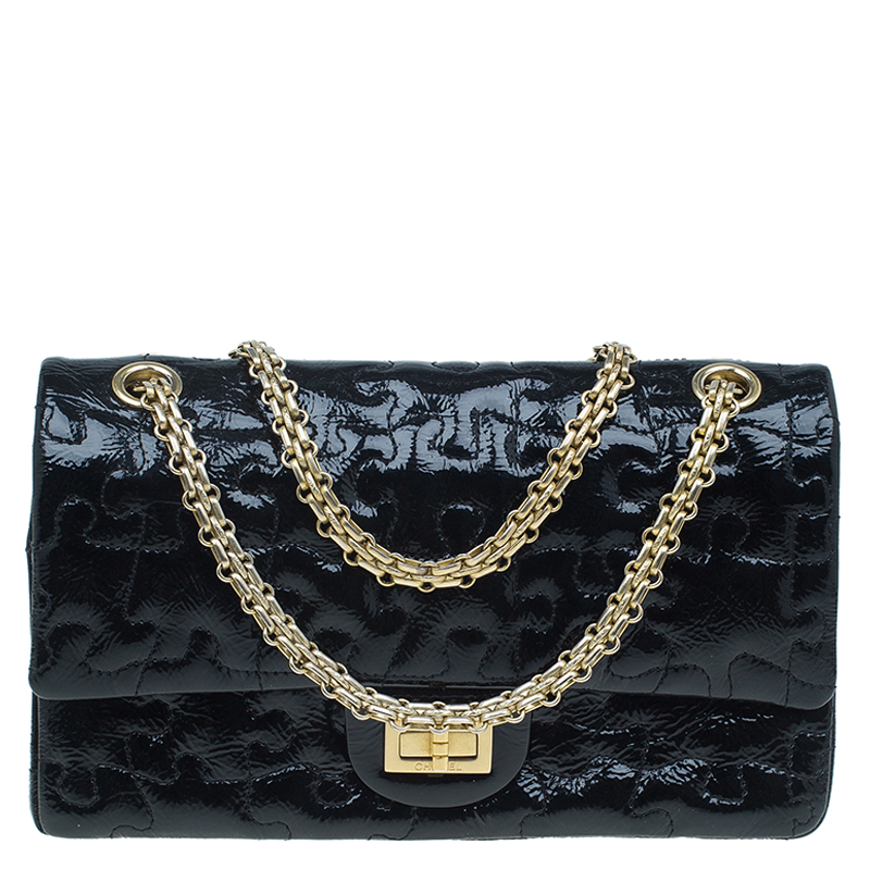 Pre Owned Chanel Black Patent Leather Puzzle 2.55 Reissue Classic 225 Flap Bag