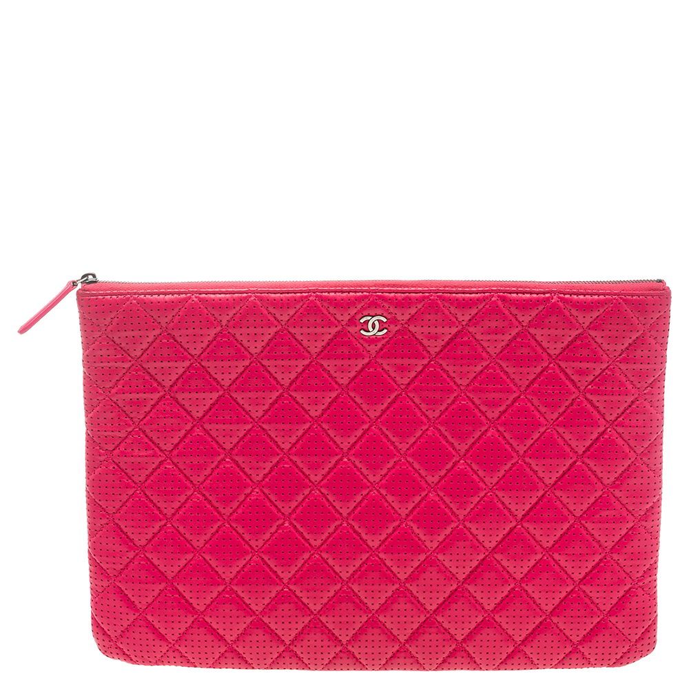 Pre Owned Chanel Pink Perforated Quilted Leather O Case Clutch