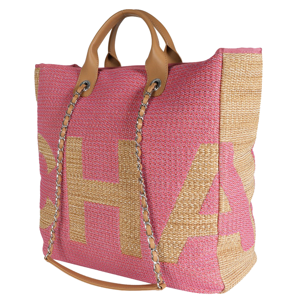 

Chanel Pink/Tan Raffia Large Shopping Tote Bag