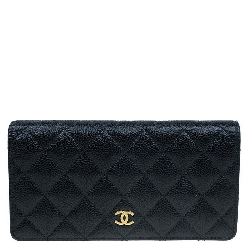 Pre Owned Chanel Black Quilted Caviar Bi-Fold Wallet